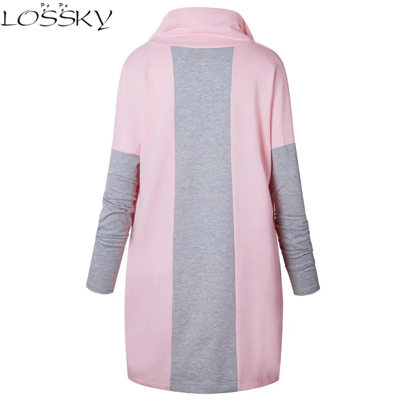 2017 Larger Size Women Irregular Hem Tie Collar Sweatshirt Casual Knitted Patchwork Female Zip-up Coat Fashion Outwear Plus size