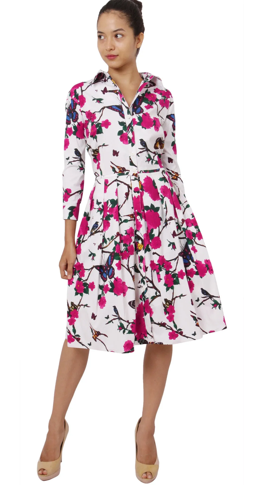Audrey Dress Shirt Collar 3/4 Sleeve Regular Cotton Stretch (Rose Butterfly)