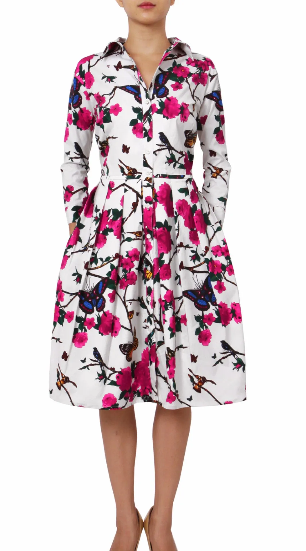 Audrey Dress Shirt Collar 3/4 Sleeve Regular Cotton Stretch (Rose Butterfly)