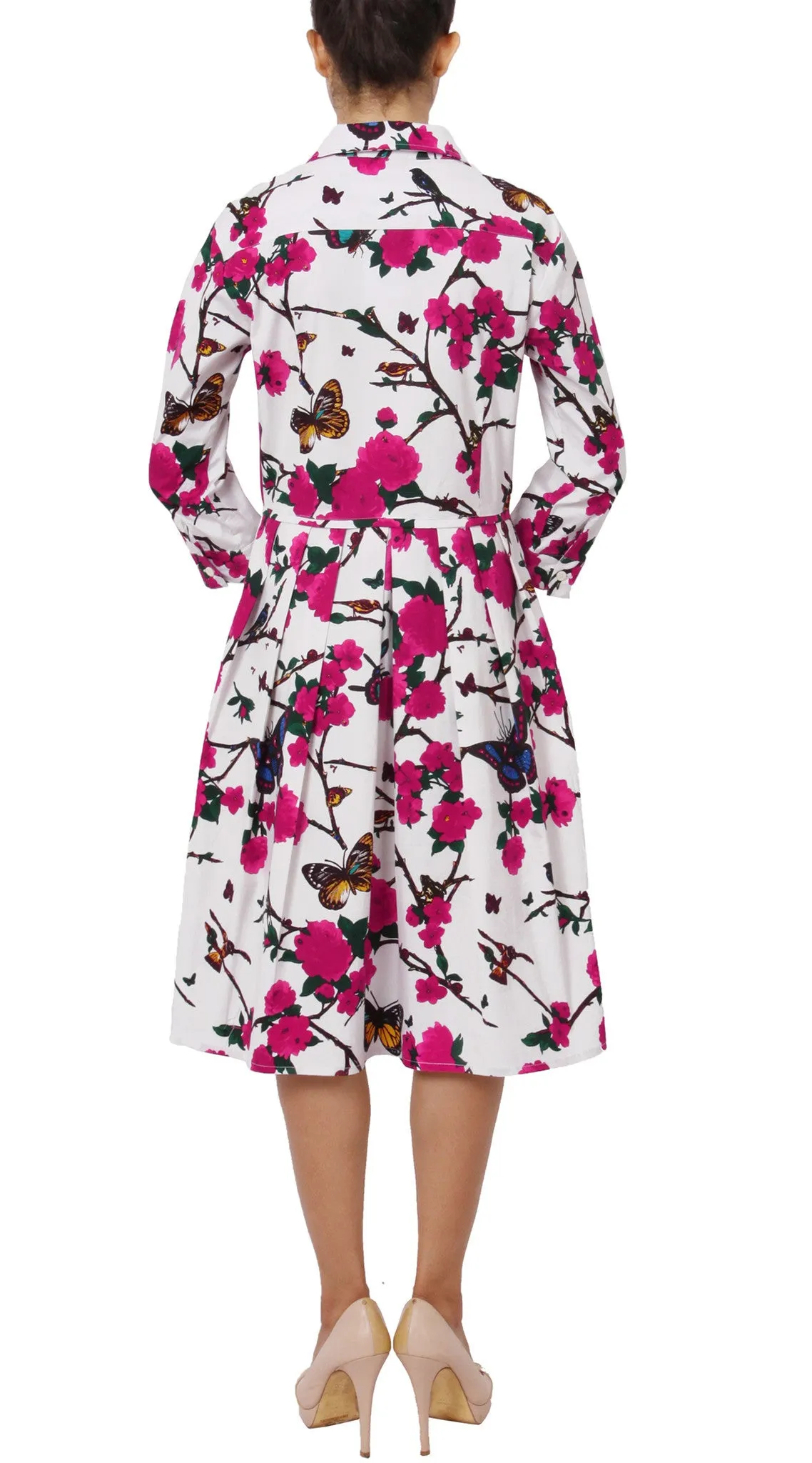 Audrey Dress Shirt Collar 3/4 Sleeve Regular Cotton Stretch (Rose Butterfly)