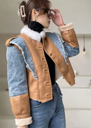 Beautiful Blue Asymmetrical denim Patchwork Jackets Winter
