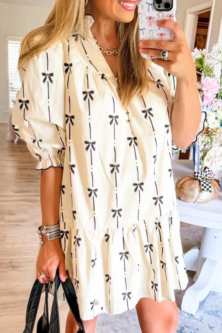 Beige Bow Bubble Sleeve Mini Dress