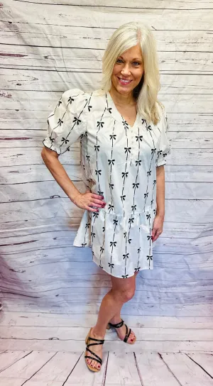 Beige Bow Bubble Sleeve Mini Dress