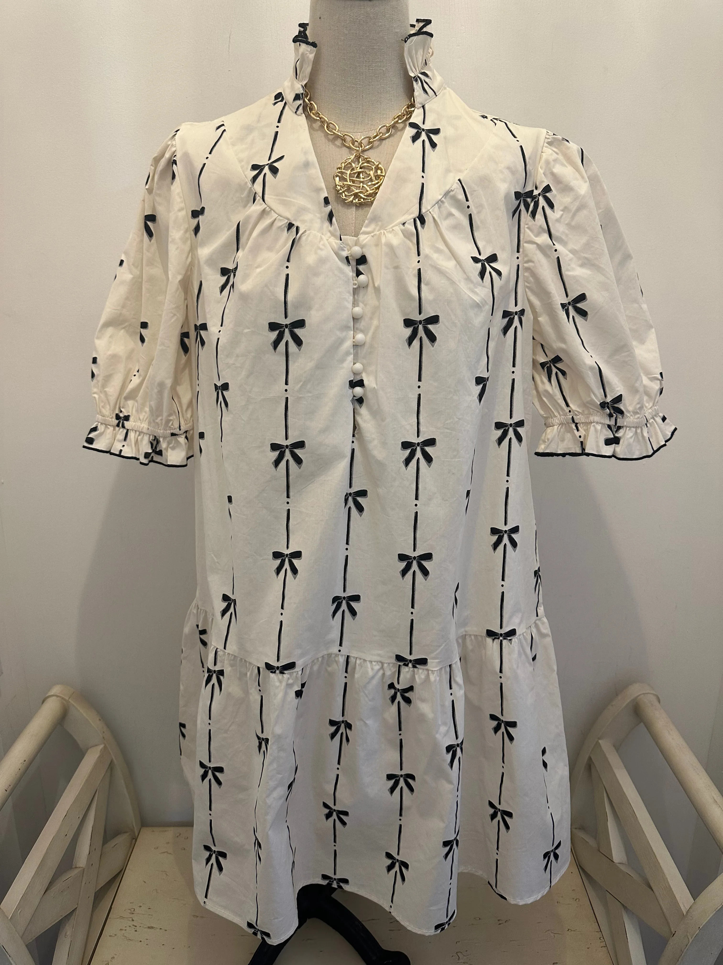 Beige Bow Bubble Sleeve Mini Dress