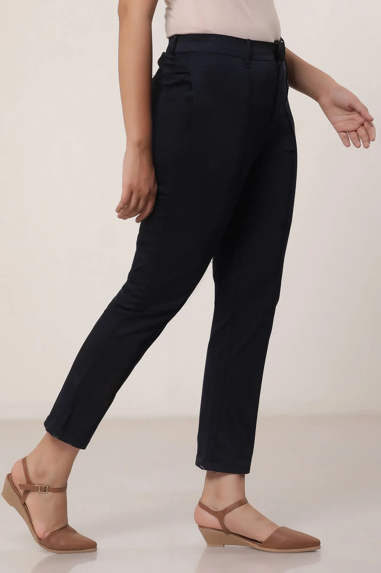 Black Solid Cotton Blend Slim Pants