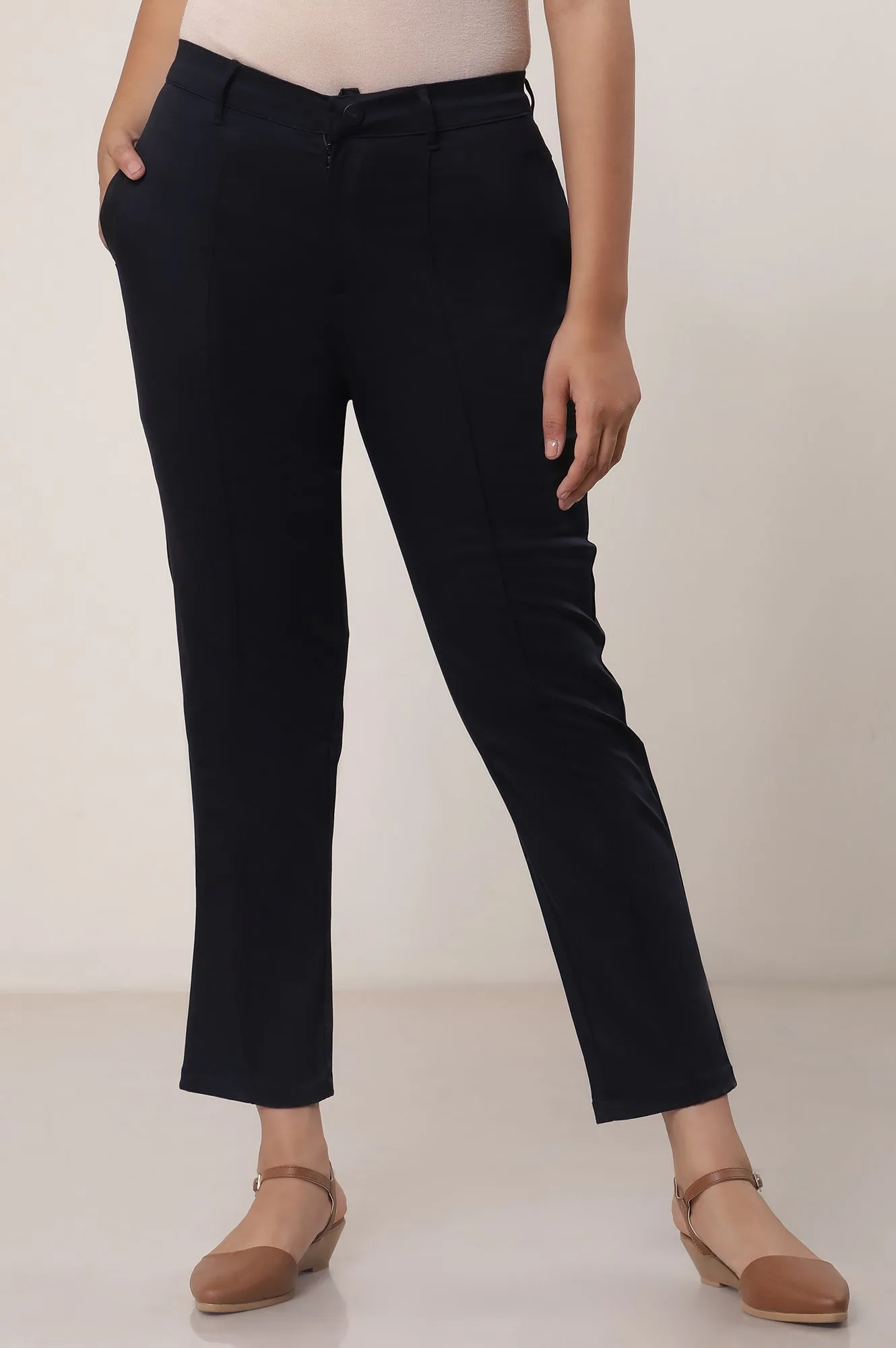 Black Solid Cotton Blend Slim Pants