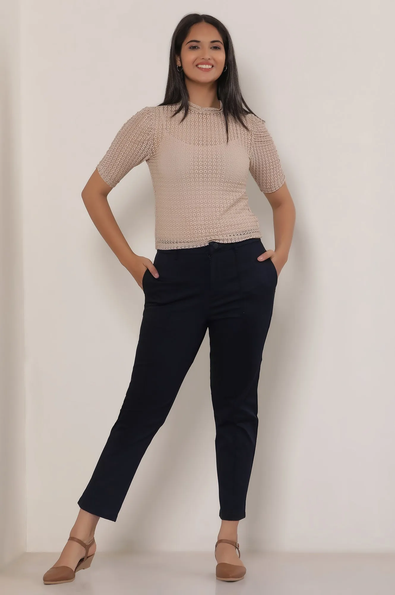 Black Solid Cotton Blend Slim Pants