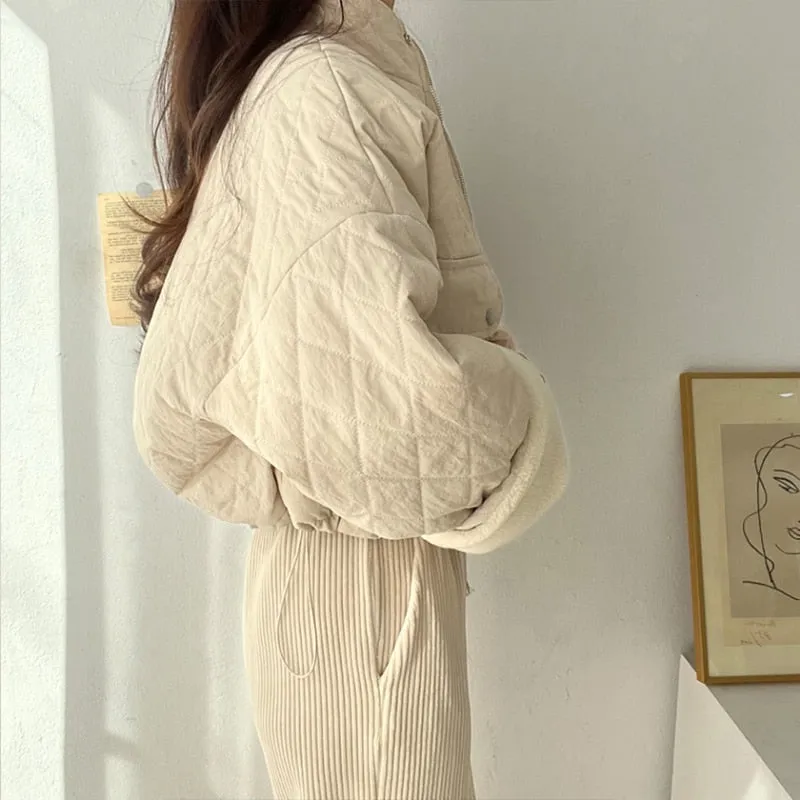 Blue Fashion Diamond Warm Jacket Patchwork Lamb Wool Baggy Straight Coat Vintage Casual Female Puffer Comfortable Outwear Winter