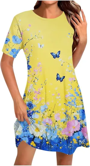 Boho Dress for Women Summer Dress Floral Casual Dresses Short Sleeve Fashion Graphic Holiday Dress for Vacation