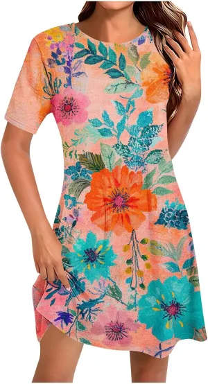 Boho Dress for Women Summer Dress Floral Casual Dresses Short Sleeve Fashion Graphic Holiday Dress for Vacation