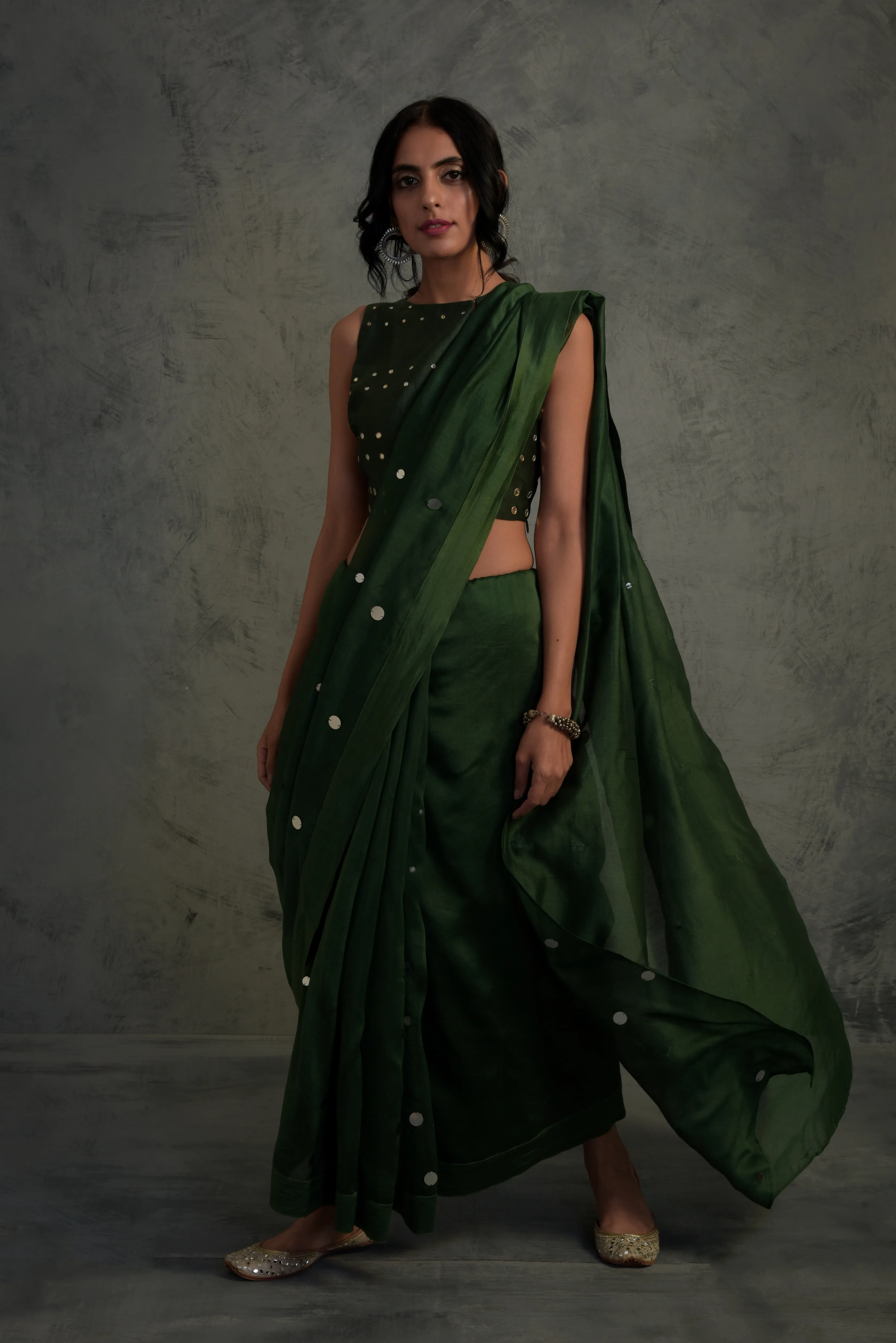 Bottle Green Chanderi Saree - Set of 2