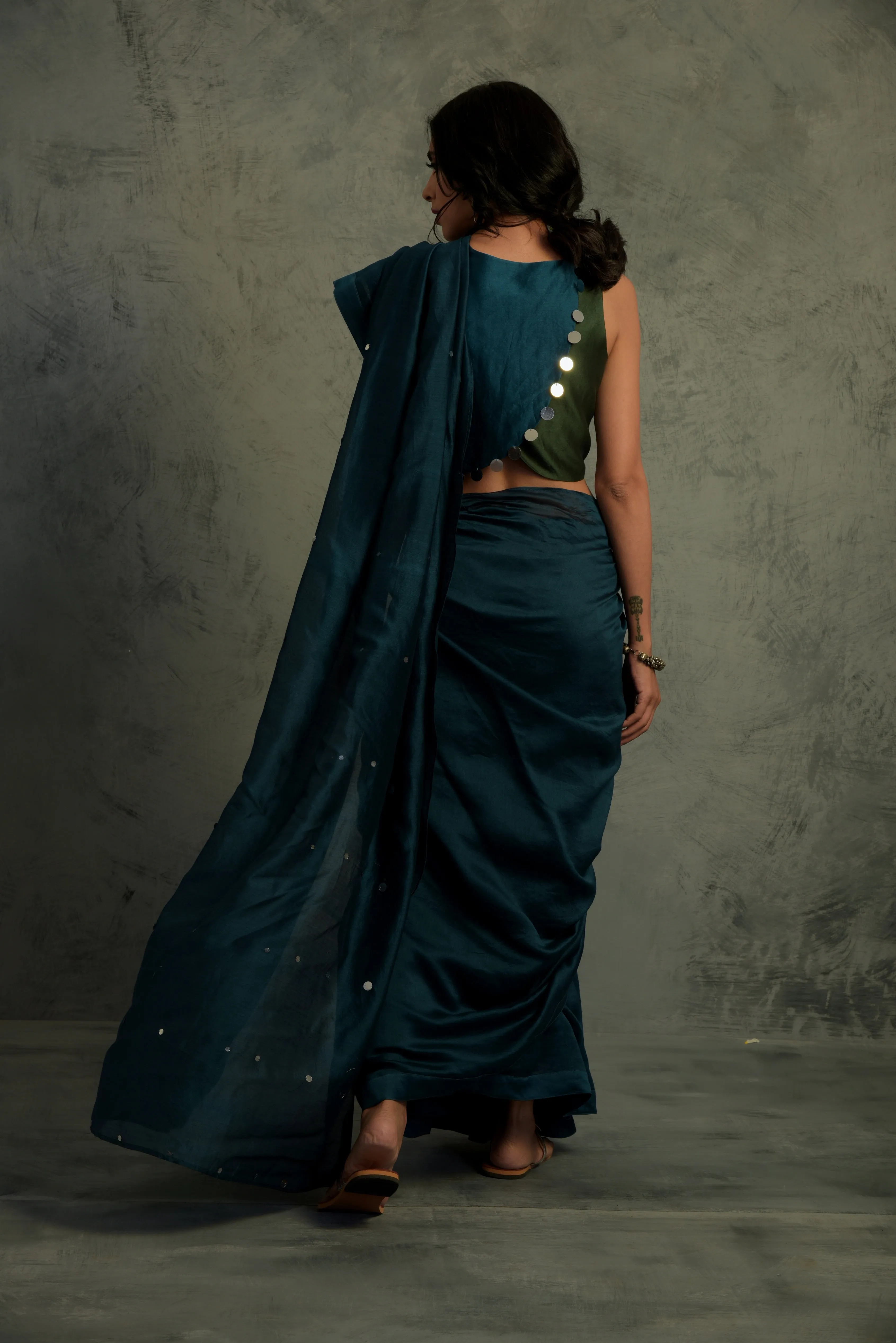 Bottle Green Chanderi Saree - Set of 2