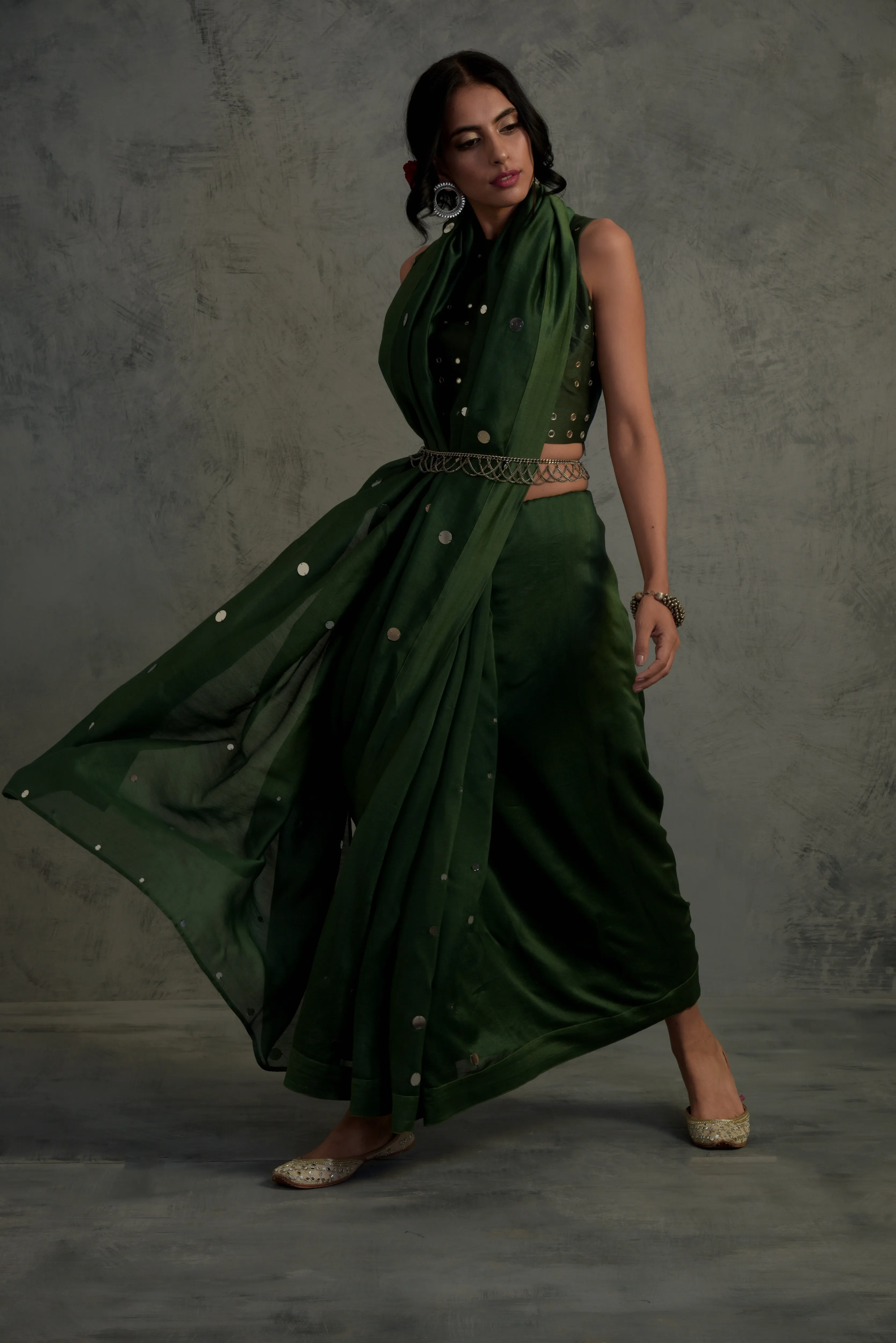 Bottle Green Chanderi Saree - Set of 2