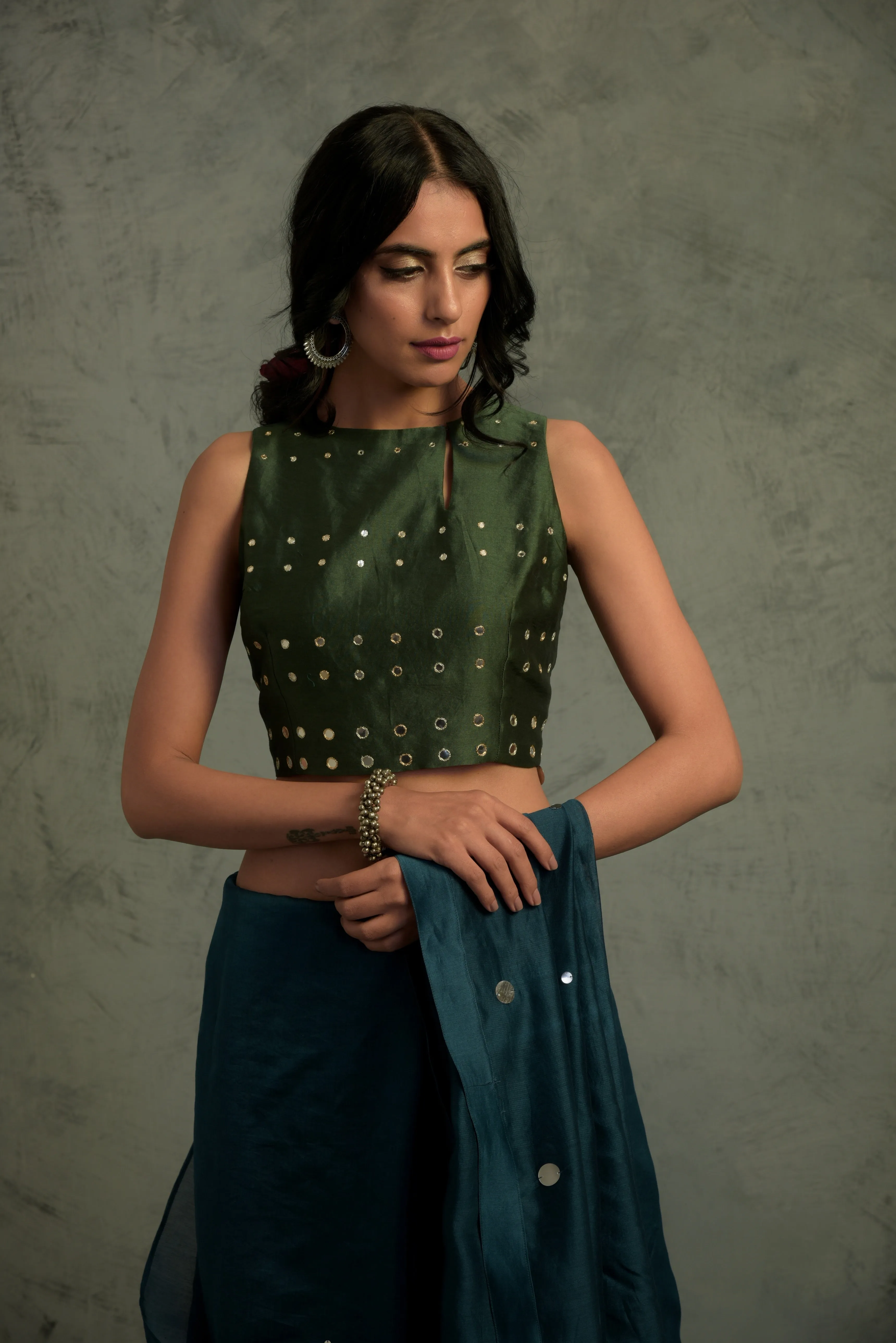 Bottle Green Chanderi Saree - Set of 2