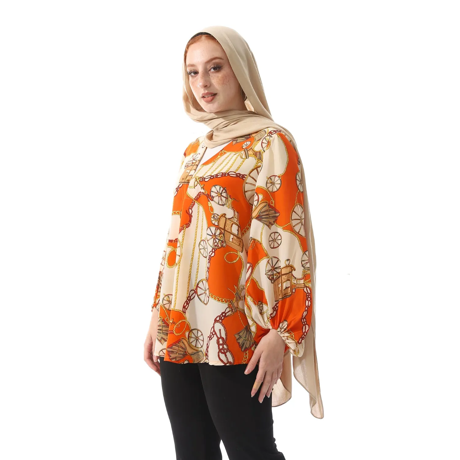 Chiffon V-Neck Smart Casual Tiger Orange & Buff Beige Blouse