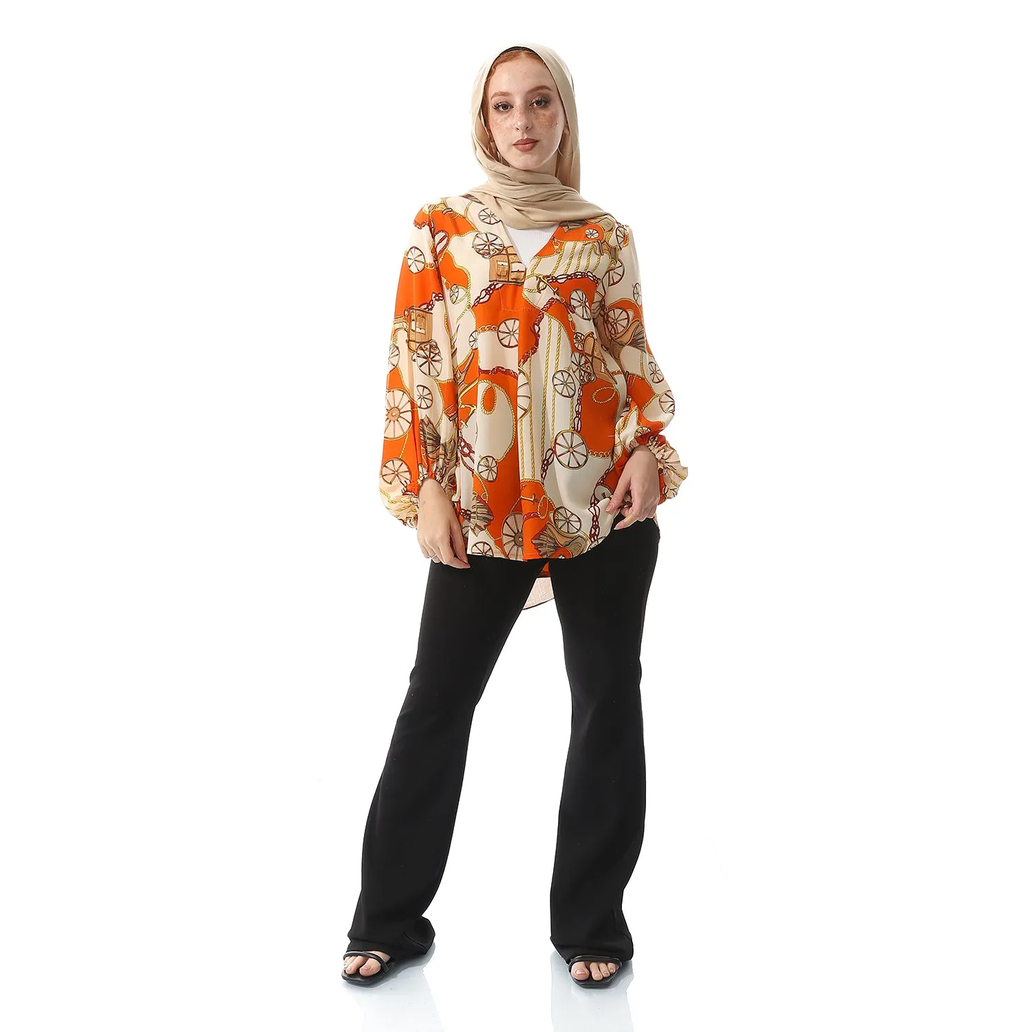 Chiffon V-Neck Smart Casual Tiger Orange & Buff Beige Blouse