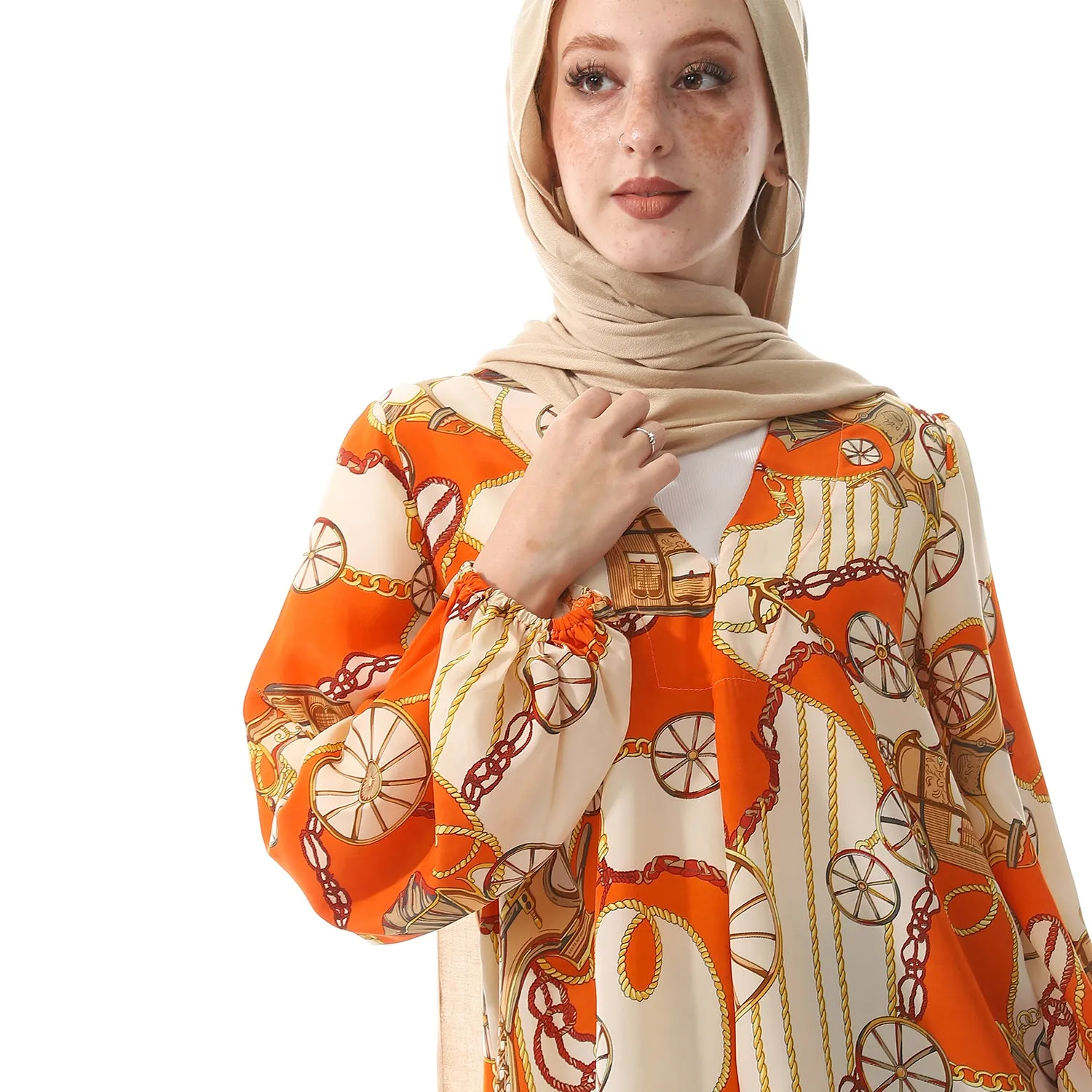 Chiffon V-Neck Smart Casual Tiger Orange & Buff Beige Blouse