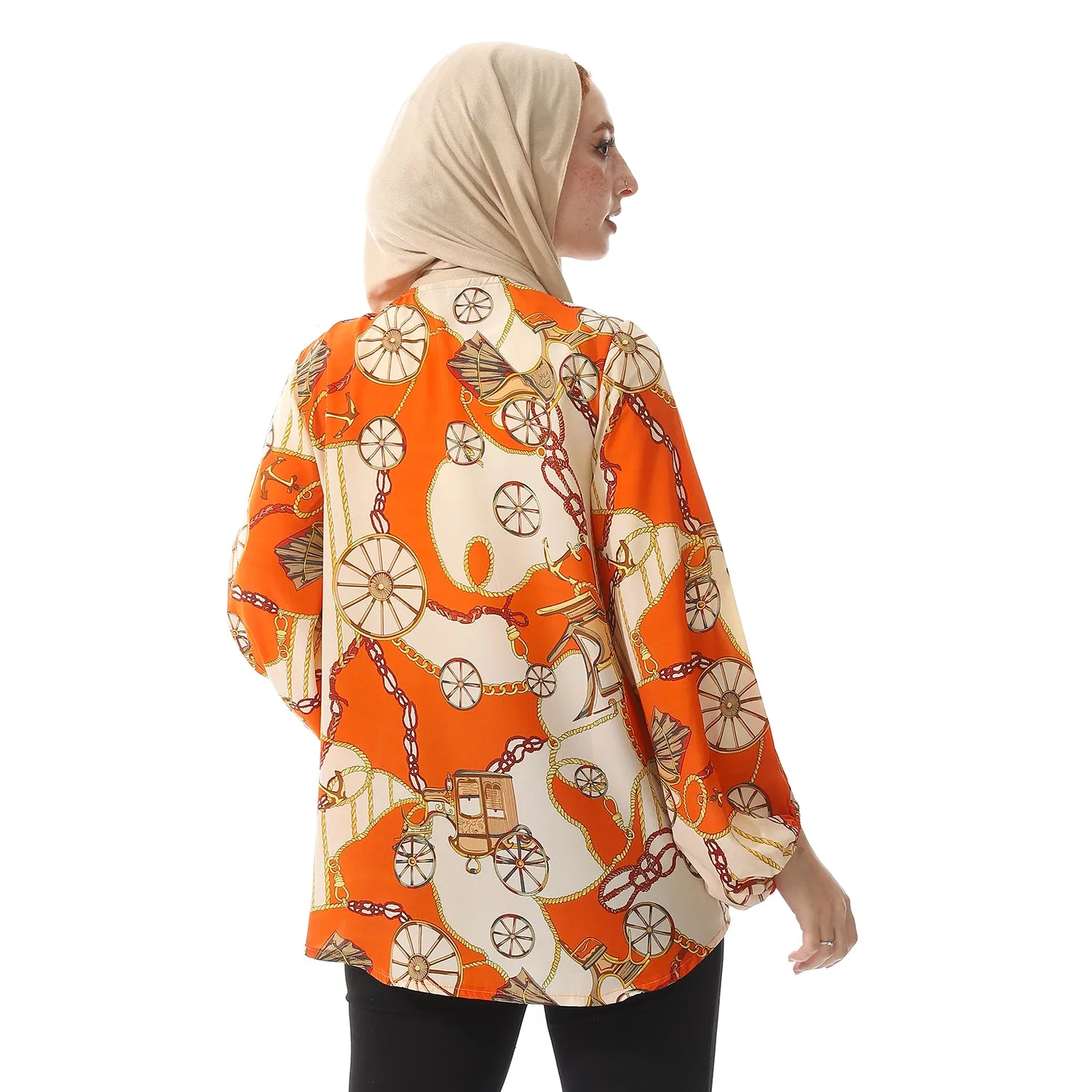 Chiffon V-Neck Smart Casual Tiger Orange & Buff Beige Blouse