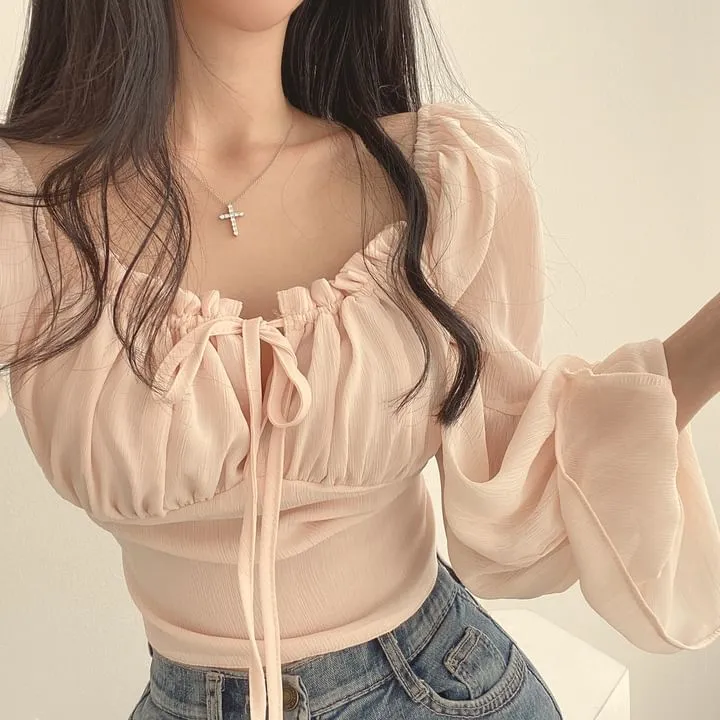Cinched Sleeve Square Neck Plain Ruched Tie Front Blouse