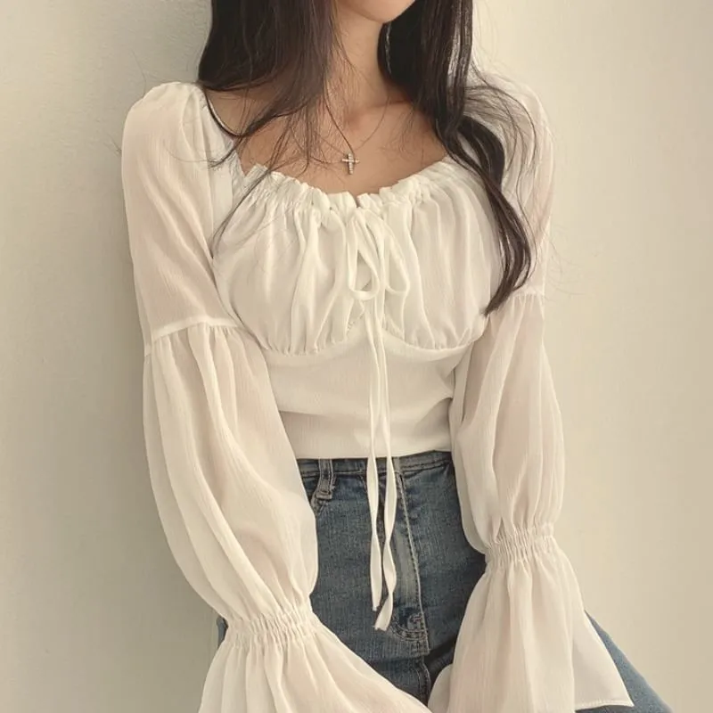Cinched Sleeve Square Neck Plain Ruched Tie Front Blouse