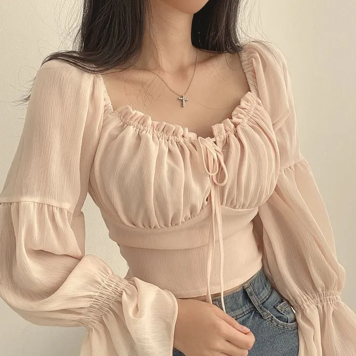 Cinched Sleeve Square Neck Plain Ruched Tie Front Blouse