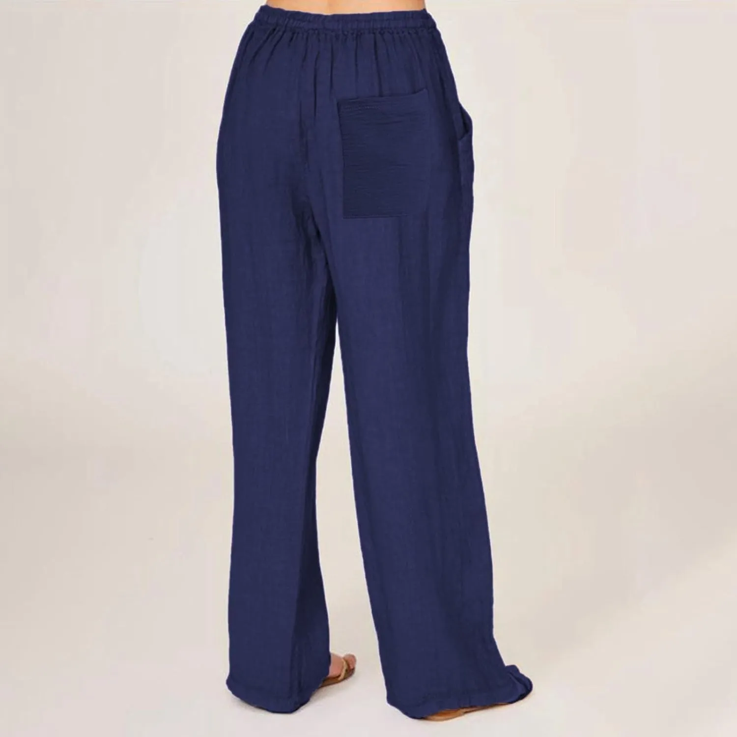 Cotton Linen Pants Women Summer Drawstring High Waisted Palazzo Pants Casual Wide Leg Yoga Trousers with Pockets