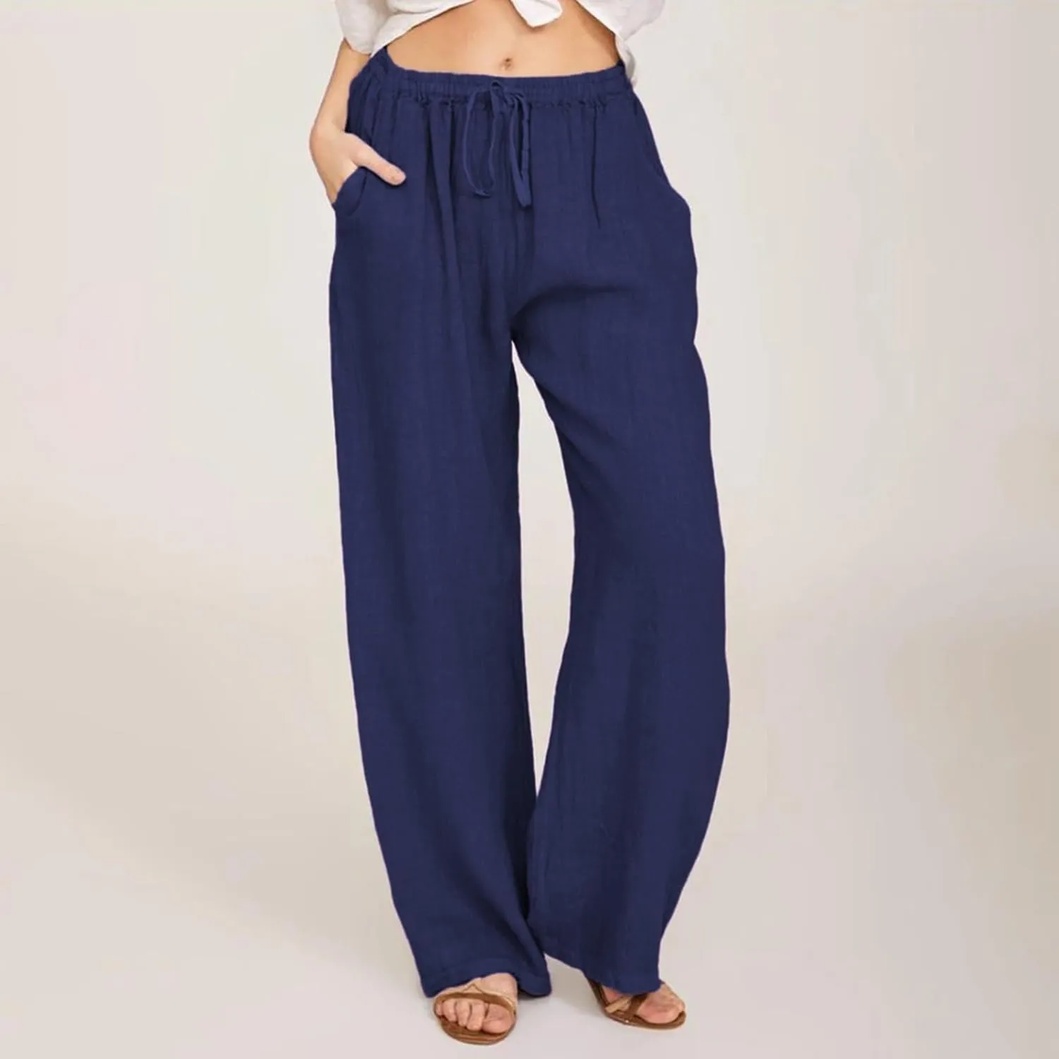 Cotton Linen Pants Women Summer Drawstring High Waisted Palazzo Pants Casual Wide Leg Yoga Trousers with Pockets