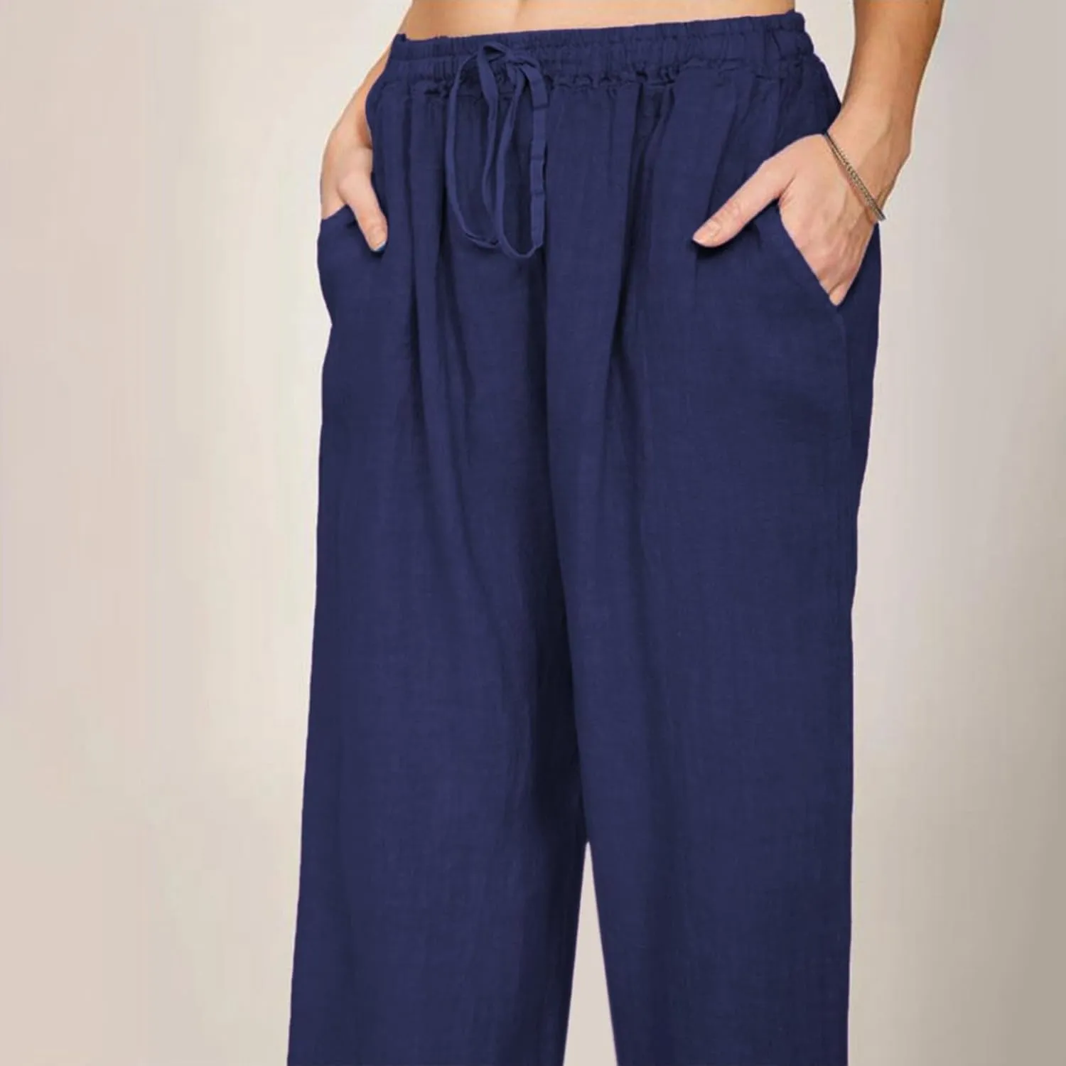 Cotton Linen Pants Women Summer Drawstring High Waisted Palazzo Pants Casual Wide Leg Yoga Trousers with Pockets