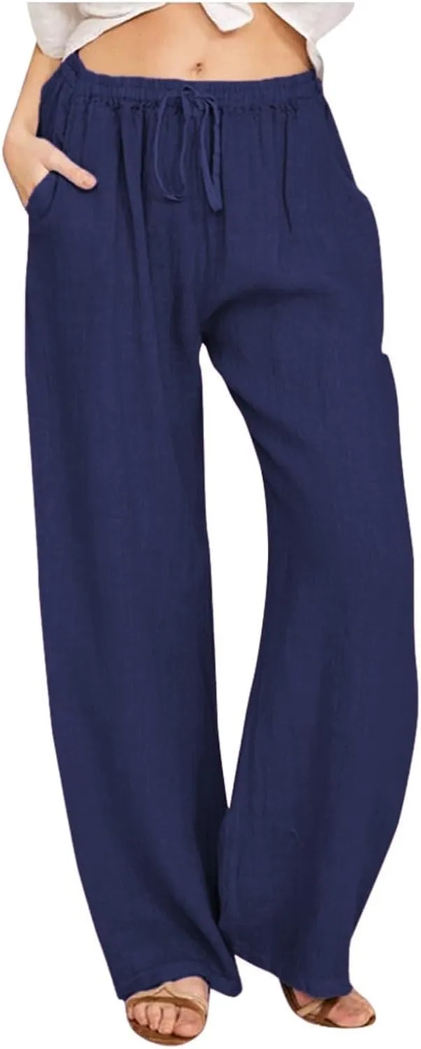 Cotton Linen Pants Women Summer Drawstring High Waisted Palazzo Pants Casual Wide Leg Yoga Trousers with Pockets