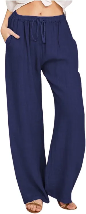 Cotton Linen Pants Women Summer Drawstring High Waisted Palazzo Pants Casual Wide Leg Yoga Trousers with Pockets