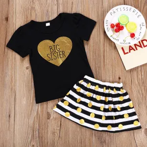 Fashionable Black Print Top & Striped Polka Dot Skirt