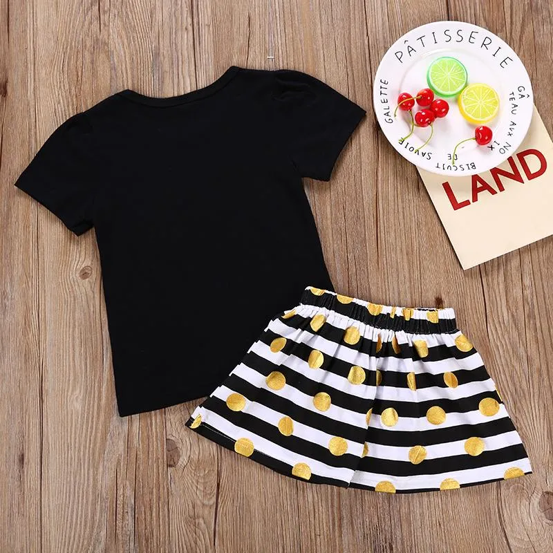 Fashionable Black Print Top & Striped Polka Dot Skirt