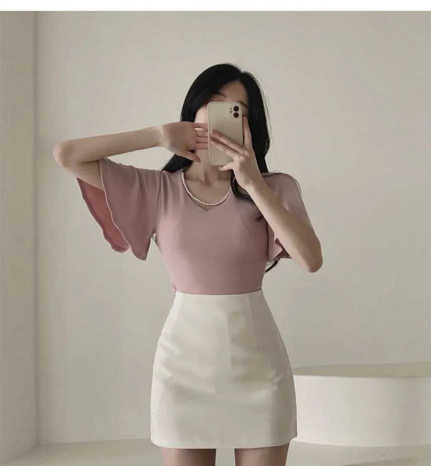 Flare-Sleeve V-Neck Plain Blouse
