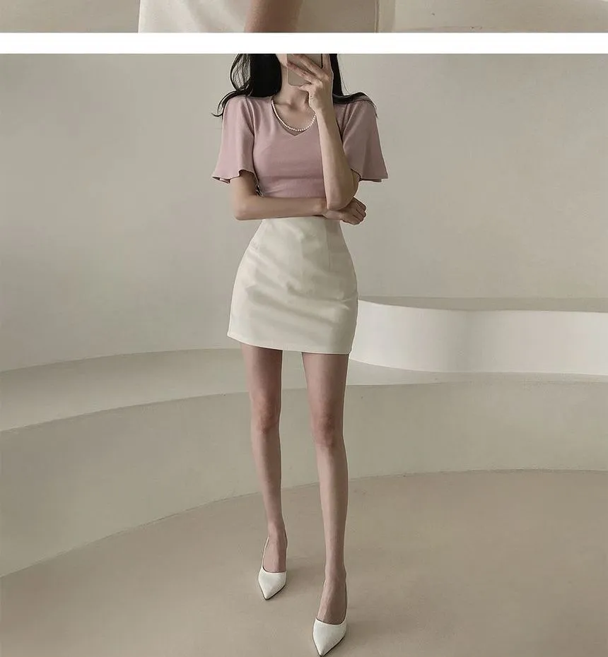 Flare-Sleeve V-Neck Plain Blouse