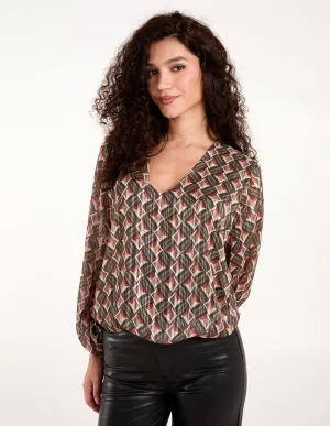 Geometric Print V Neck Bubble Hem Top