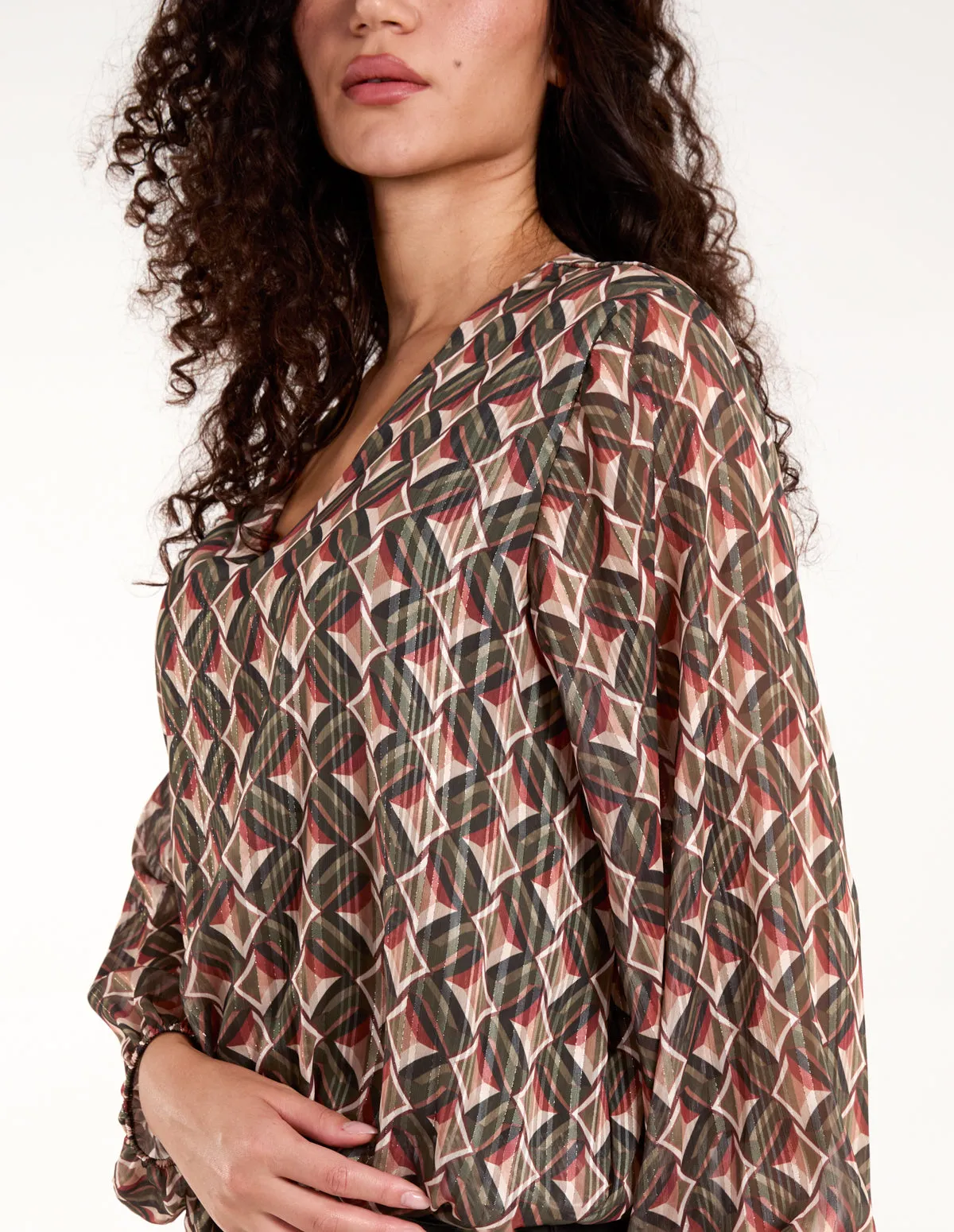 Geometric Print V Neck Bubble Hem Top