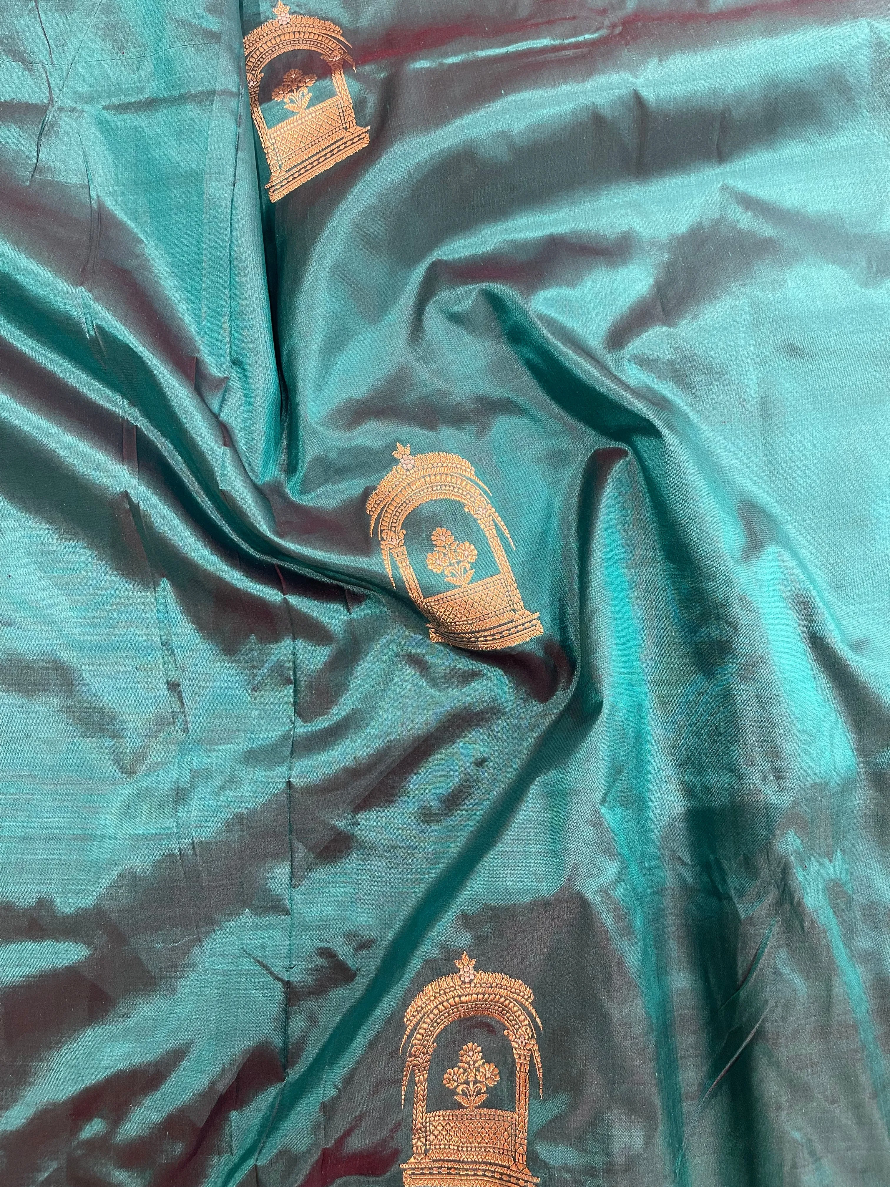 Handloom Kadhua Banarasi Silk Saree - Butidar Jharokha - Peacock Green