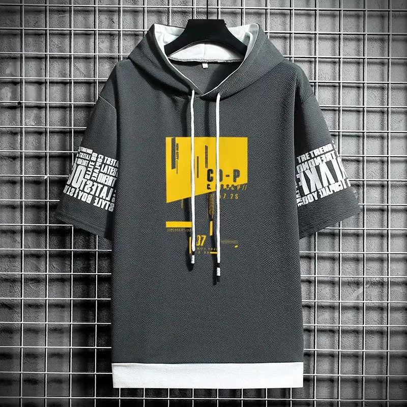 Japan Style Men Hoodies Fashion Streetwear Short Sleeve Hooded