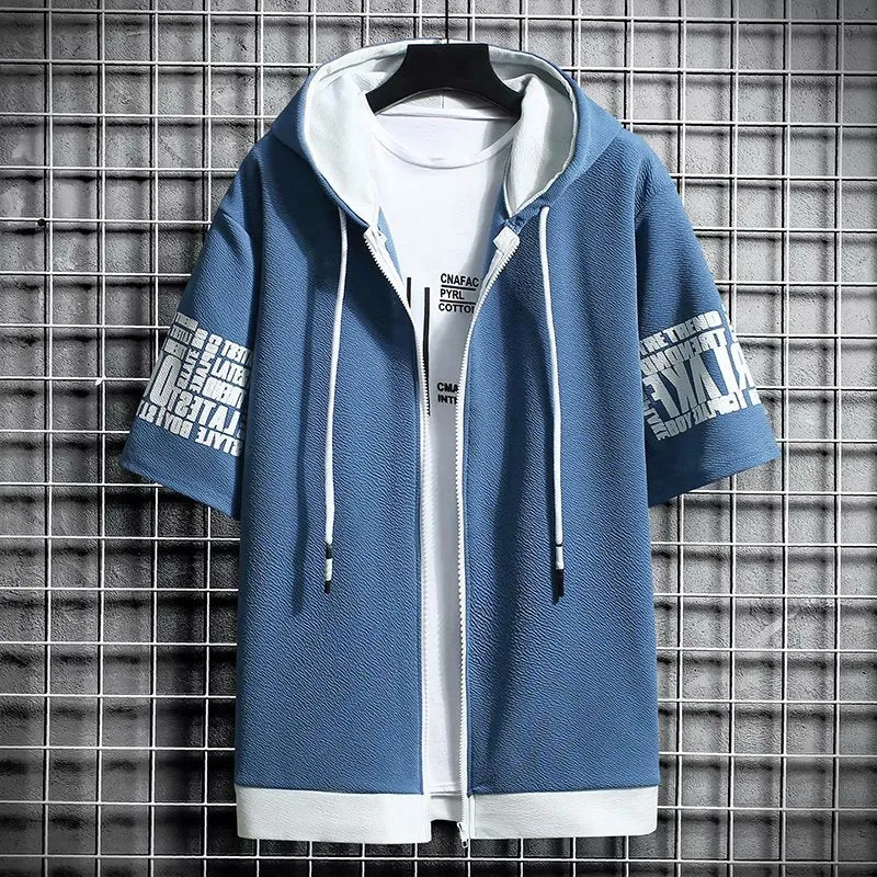 Japan Style Men Hoodies Fashion Streetwear Short Sleeve Hooded