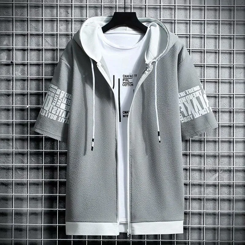 Japan Style Men Hoodies Fashion Streetwear Short Sleeve Hooded
