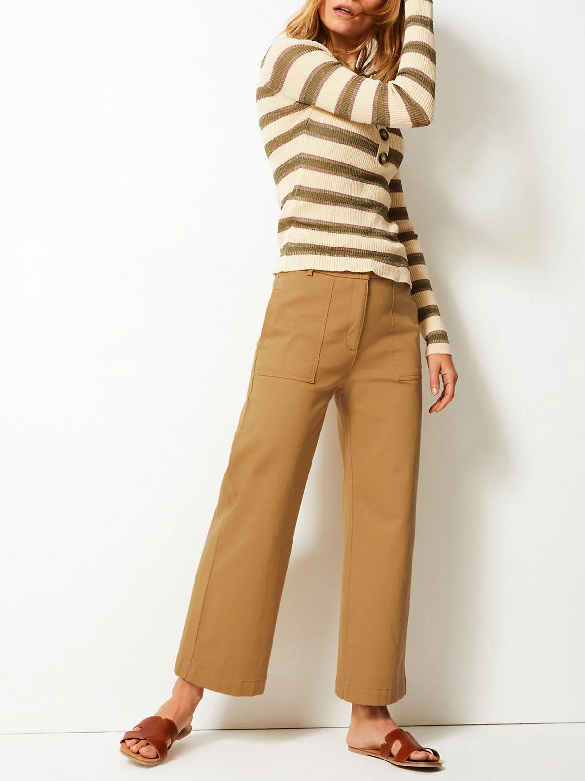 Ladies Camel Cotton Rich Wide Leg Utility Style Trousers