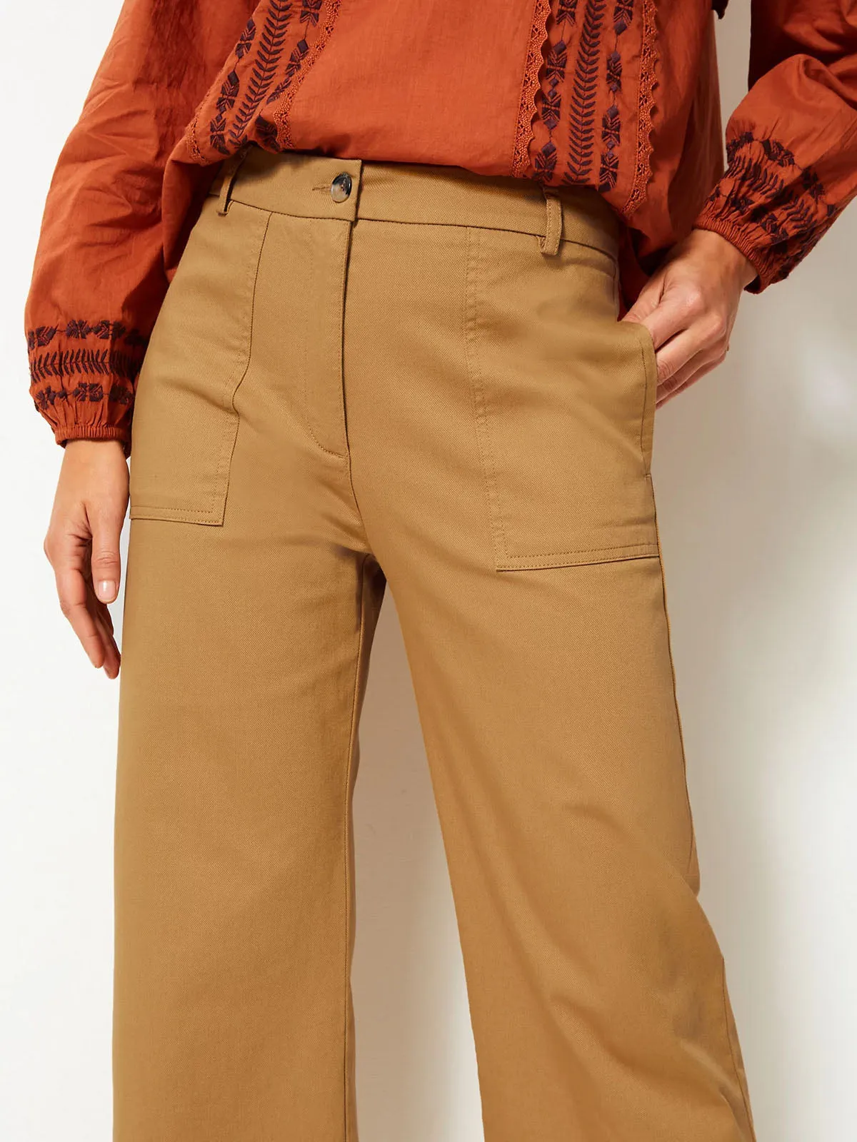 Ladies Camel Cotton Rich Wide Leg Utility Style Trousers