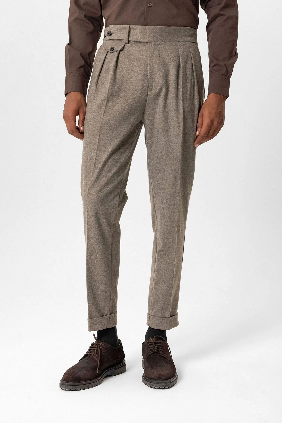 Light Brown High-Waisted Pleated Technical Men's Trousers - Wessi