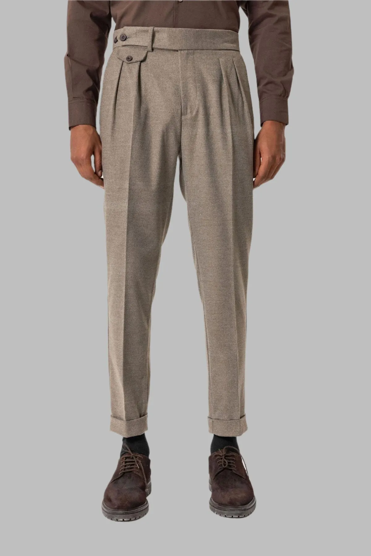 Light Brown High-Waisted Pleated Technical Men's Trousers - Wessi