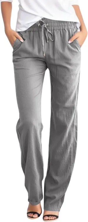 Linen Palazzo Pants for Women Casual Summer Pants with Pockets Stretch Cotton Wide Leg Drawstring Pants Plus Size Yoga Pants