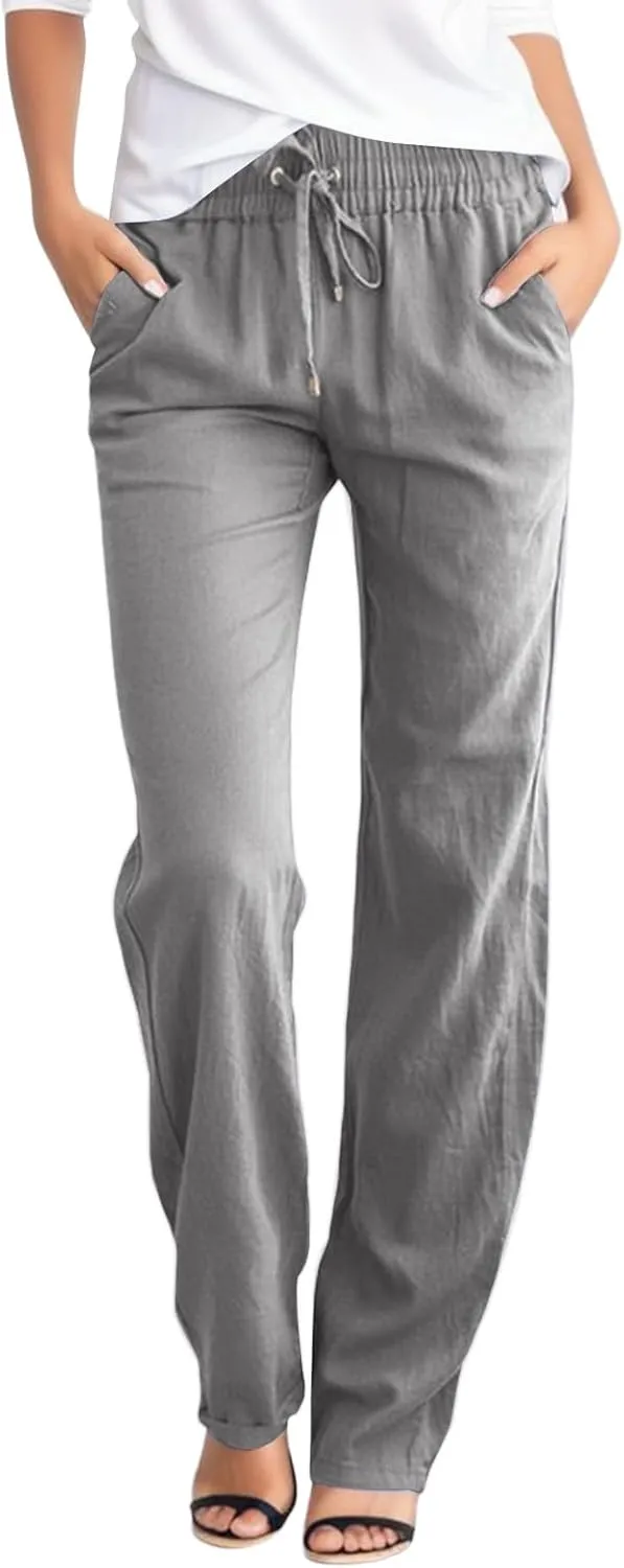 Linen Palazzo Pants for Women Casual Summer Pants with Pockets Stretch Cotton Wide Leg Drawstring Pants Plus Size Yoga Pants