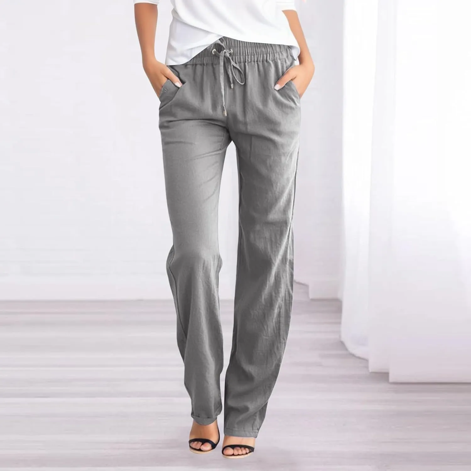 Linen Palazzo Pants for Women Casual Summer Pants with Pockets Stretch Cotton Wide Leg Drawstring Pants Plus Size Yoga Pants