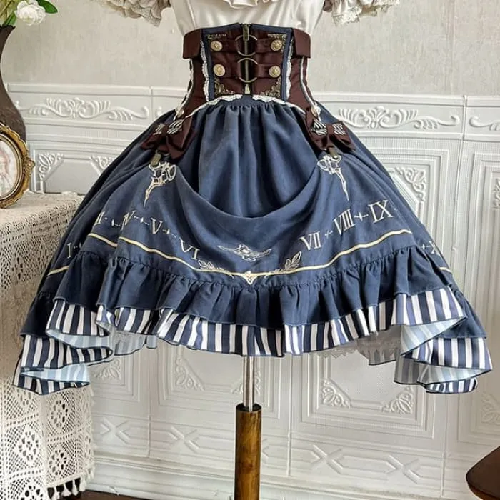 Lolita Puff-Sleeve Plain Lace Trim Ruffle Shirt / Bow Belt / High Waist Graphic Print A-Line Skirt / Set