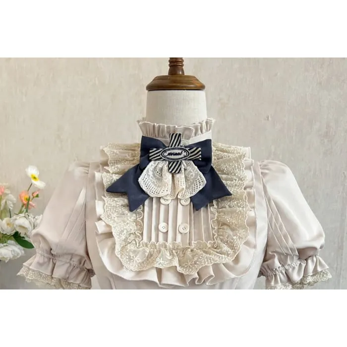 Lolita Puff-Sleeve Plain Lace Trim Ruffle Shirt / Bow Belt / High Waist Graphic Print A-Line Skirt / Set
