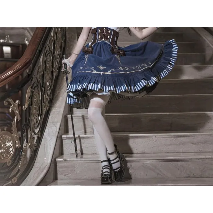 Lolita Puff-Sleeve Plain Lace Trim Ruffle Shirt / Bow Belt / High Waist Graphic Print A-Line Skirt / Set